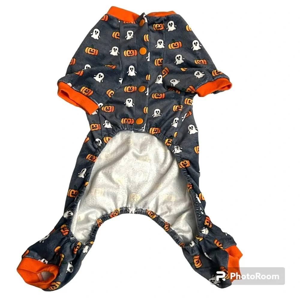 LIKE NEW FuzzYard Halloween Pumpkin & Ghost Gray Plush Dog Pajamas - Size 3